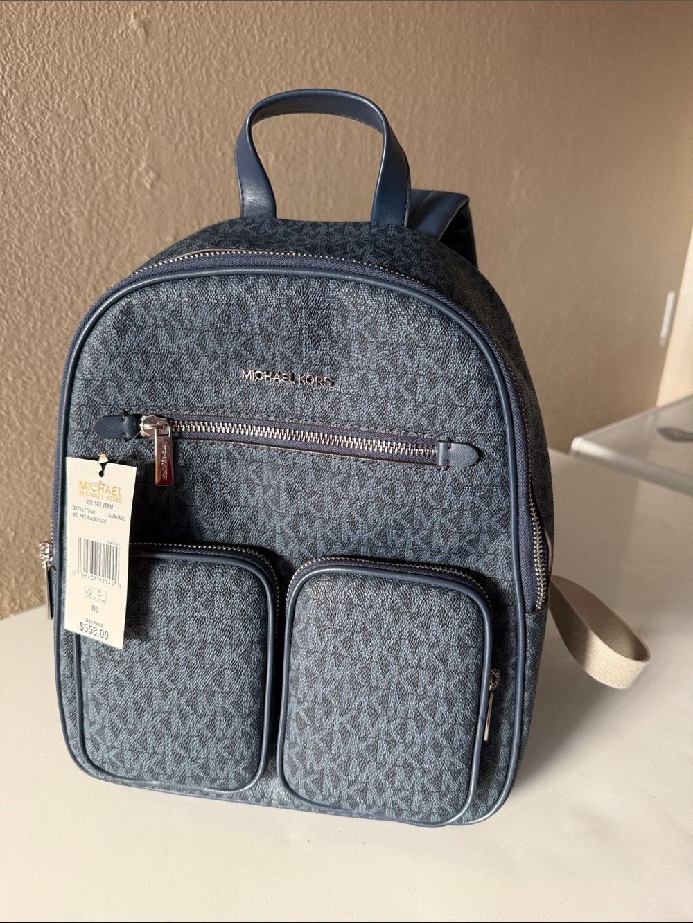 Michael Kors Navy Monogram Compact Backpack